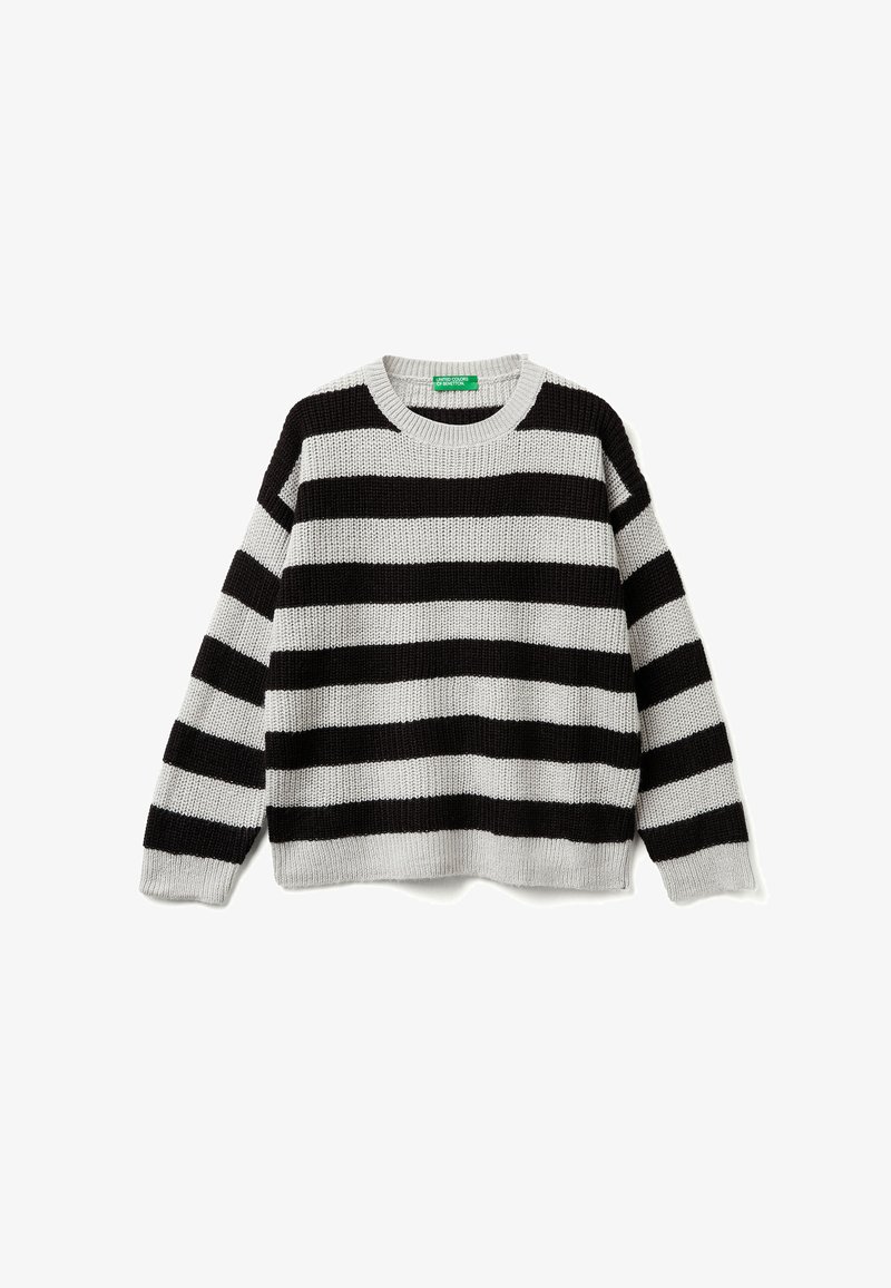 Černý a šedý pruhovaný pletený svetr s kulatým výstřihem a dlouhými rukávy. Texturovaná tkanina; uvolněný střih. Svislé pruhy se střídají v šířce.