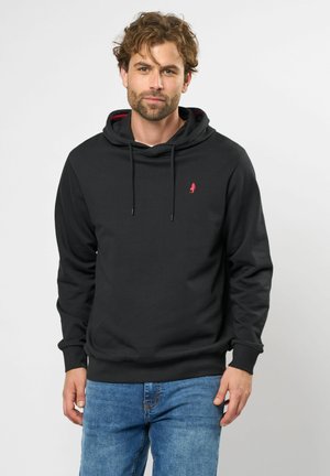 Felpa nera con cappuccio e tasca frontale, con un piccolo logo rosso sul petto. Realizzata in tessuto liscio e elasticizzato.