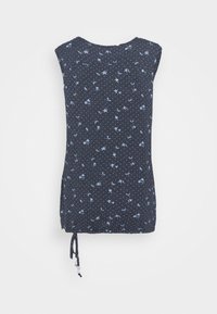 Navy blue sleeveless top with small floral and polka dot pattern, featuring a drawstring detail at the hem for adjustable fit.