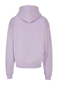 Lilac hooded sweatshirt featuring a relaxed fit, ribbed cuffs, and a soft texture. The back is smooth with minimal stitching details.
