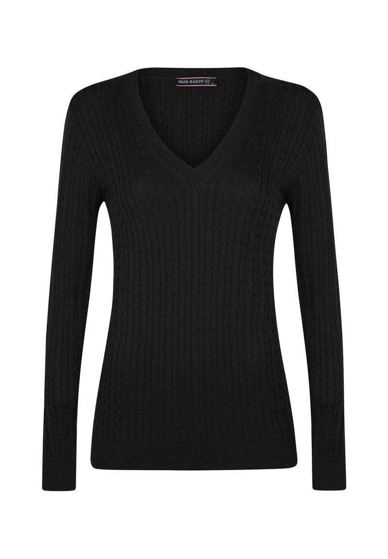Schwarzer, kabelstrick gestrickter Pullover mit V-Ausschnitt und langen Ärmeln, aus weichem Textil gefertigt, mit gerippten Bündchen und Saum für einen taillierten Look.