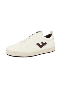 White leather sneaker with a brown logo and accents, lace-up design, textured sole, and a rounded toe. Features a back pull tab.