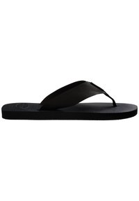 Fekete papucs texturált gumitalppal, szövet lábujj részzel és szőtt pánttal. Lapos kialakítás minimalista megjelenéssel.