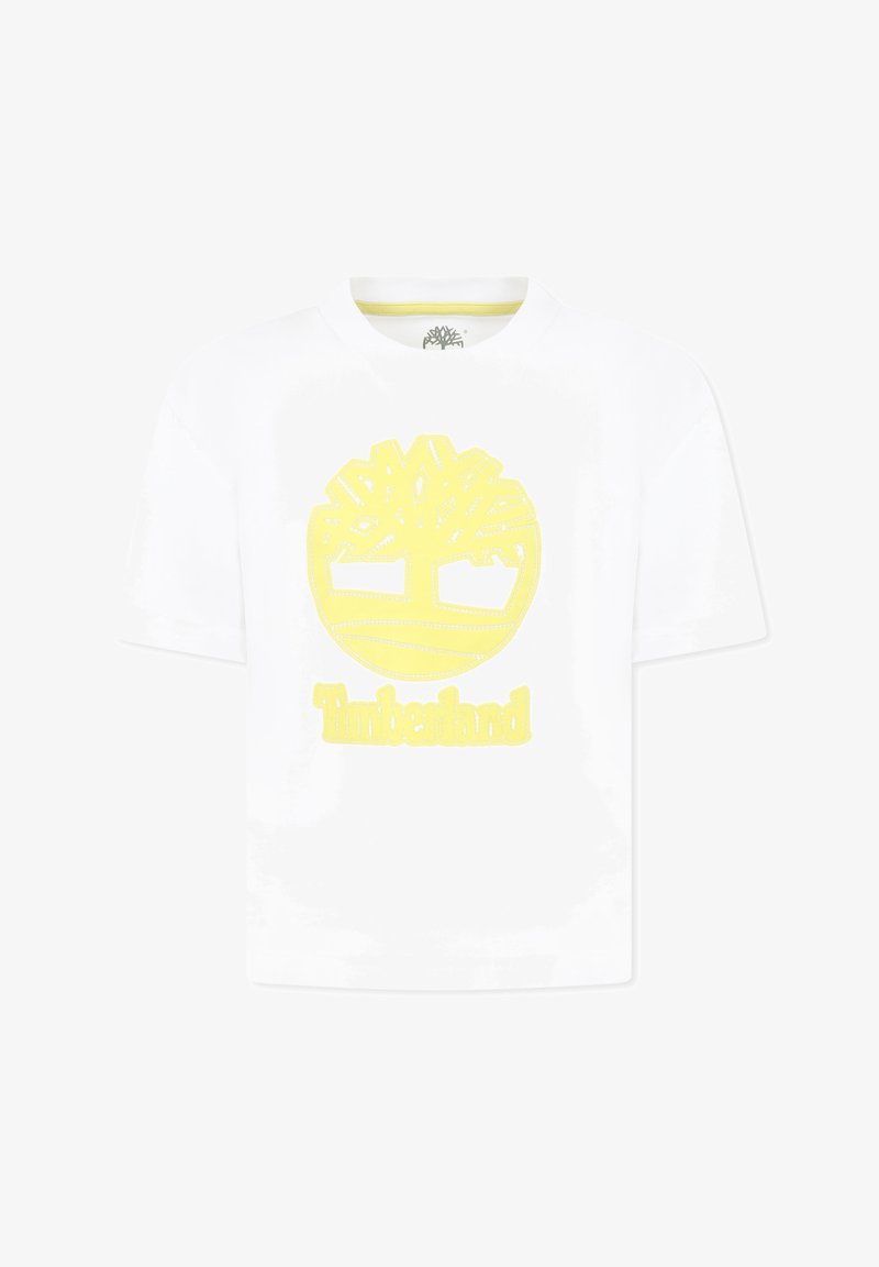 Witte katoenen t-shirt met een groot geel omlijnd Timberland boomlogo en tekst eronder. Korte mouwen en een klassieke ronde hals.