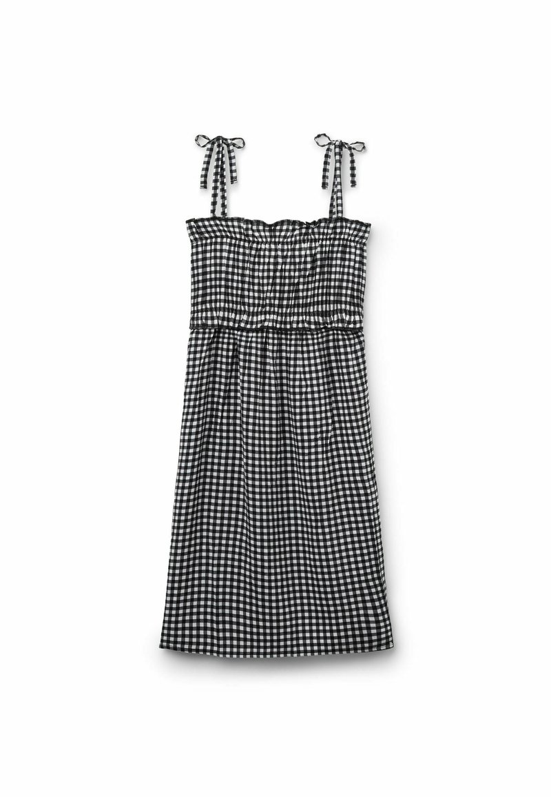 Schwarz-weiße Gingham-Kleid mit verstellbaren Bindegurten, einem gerafften Oberteil und einem fließenden Rock. Leichter Stoff mit einem lässigen Design.