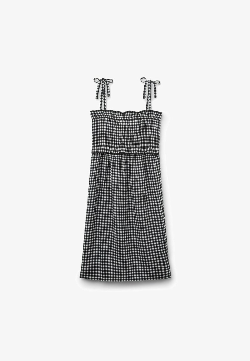 Schwarz-weiße Gingham-Kleid mit verstellbaren Bindegurten, einem gerafften Oberteil und einem fließenden Rock. Leichter Stoff mit einem lässigen Design.
