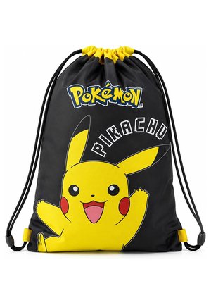 Schwarzer Turnbeutel mit gelbem oberen Rand, mit einer großen Pikachu-Figur und den Worten Pokémon und Pikachu auf der Vorderseite.