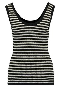 Schwarz-weißer gestreifter Tanktop mit rundem Ausschnitt, gerippter Textur und schmalen schwarzen Kanten an den Armausschnitten und dem Saum.