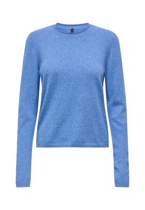 Pull tricoté bleu clair avec un col rond, des manches longues et une texture lisse, doté d'un ourlet et de poignets côtelés pour une coupe ajustée.