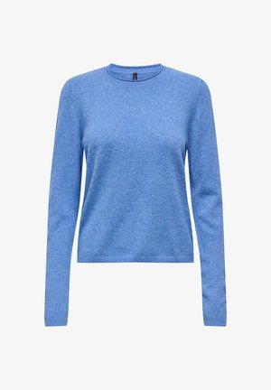 Pull tricoté bleu clair avec un col rond, des manches longues et une texture lisse, doté d'un ourlet et de poignets côtelés pour une coupe ajustée.