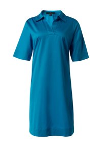 Tealkolored Kleid mit kurzen Ärmeln und Kragen, mit V-Ausschnitt und glatter Textur. Schlichter und gerader Schnitt, geeignet für die Freizeit.