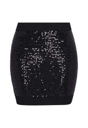 Czarna mini spódnica z cekinami, o dopasowanym kroju, z elastycznym pasem, błyszczącą teksturą oraz jednolitym wzorem z połyskujących cekinów.
