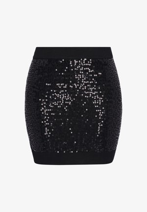 Czarna mini spódnica z cekinami, o dopasowanym kroju, z elastycznym pasem, błyszczącą teksturą oraz jednolitym wzorem z połyskujących cekinów.