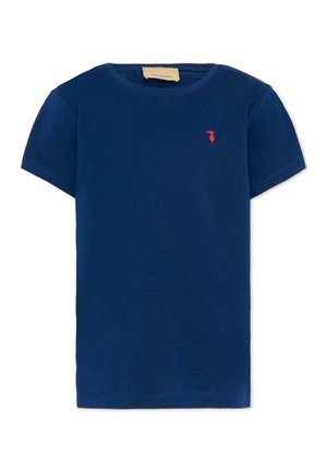 T-shirt blu navy a maniche corte con scollo tondo e piccolo logo rosso sul petto sinistro. Stile semplice e casual.