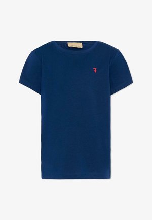 Marineblauw T-shirt met korte mouwen, ronde hals en klein rood logo op de linkerborst. Simpele, casual stijl.