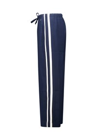 Navy blue pants with white vertical stripes, featuring an elastic waistband, drawstring, and a loose fit. Smooth fabric texture.