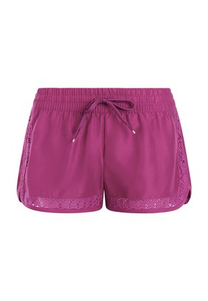 Paars sportshort met elastische tailleband, trekkoord en geperforeerde meshbies langs de zijkanten en onderranden.