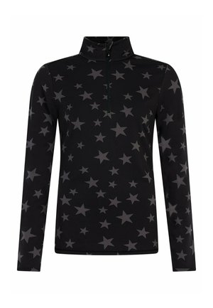 Schwarzes Langarmshirt mit einem halben Reißverschluss und Stehkragen, verziert mit unterschiedlich großen dunkelgrauen Sternmustern auf dem gesamten Stoff.