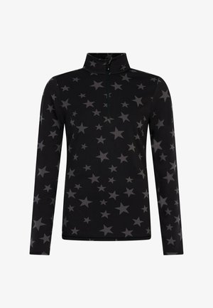 Schwarzes Langarmshirt mit einem halben Reißverschluss und Stehkragen, verziert mit unterschiedlich großen dunkelgrauen Sternmustern auf dem gesamten Stoff.