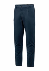 Marineblauwe lichtgewicht broek van een gestructureerde stof, met een rechte snit, twee voorzakken en een platte tailleband met een knoopsluiting.