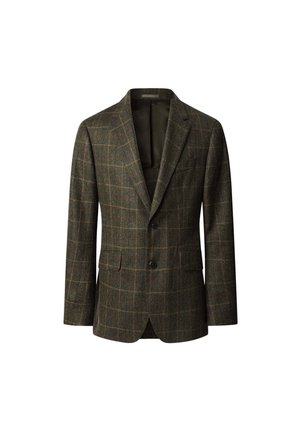 Tweed-Blazer in Dunkelgrün mit einem hellen Karomuster. Verfügt über zwei Knöpfe, Reverskragen und zwei Fronttaschen. Glattes Innenfutter.