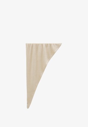 Beige triangular scarf made of soft fabric. Features a gathered edge for texture and a smooth, unembellished surface.