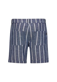 Blaue gestreifte Shorts mit Leinenstruktur, die vertikale weiße Streifen, zwei Gesäßtaschen und ein Taillenbanddesign aufweisen.