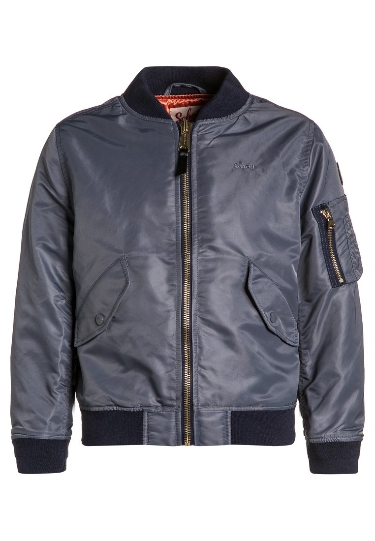 Veste aviateur marine en nylon brillant avec une fermeture éclair frontale, des poignets côtelés et deux poches latérales ; comprend une poche zippée sur la manche.