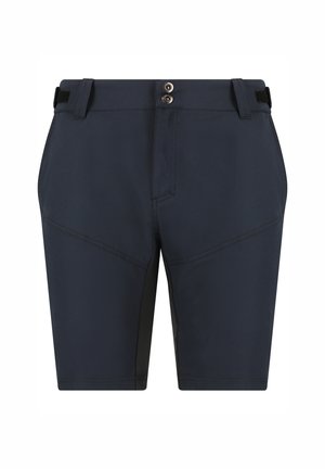 Shorts navy en tissu léger, avec deux poches avant, une braguette zippée avec deux boutons et des panneaux latéraux pour un design supplémentaire.
