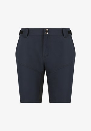 Shorts navy en tissu léger, avec deux poches avant, une braguette zippée avec deux boutons et des panneaux latéraux pour un design supplémentaire.