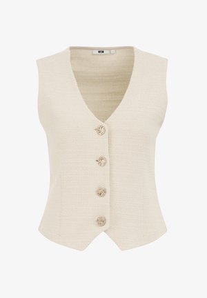 Kreemivärvi vest V-kaelusega, millel on neli dekoratiivset nuppu, struktureeritud kangas ja A-lööv kuju. Tekstuuriga pinnakujundus.
