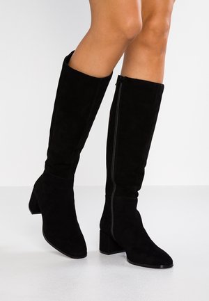 Piernas con botas altas de ante negro hasta la rodilla, con cremalleras laterales y tacones cuadrados, de pie sobre un suelo blanco contra un fondo blanco.