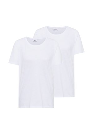 Dos camisetas blancas lisas de manga corta y cuello redondo con etiquetas de la marca dentro de los cuellos, mostradas sobre un fondo blanco.
