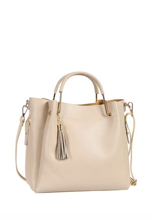 Beige strukturierte Lederhandtasche mit doppelten Griffen, goldfarbenen Beschlägen, abnehmbarem Schulterriemen und dekorativer Quaste auf der Vorderseite.