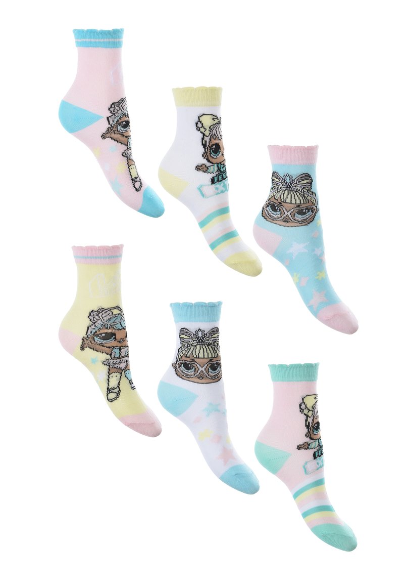 Sei paia di calzini alla caviglia con personaggi dei cartoni animati. I colori includono rosa, blu, giallo e bianco, con bordi ondulati e motivi a strisce.