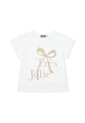 Camiseta blanca de manga corta para niño pequeño con mangas con volantes, un gráfico de un lazo dorado con brillo y texto rosa que dice "Très Jolie" en el frente.
