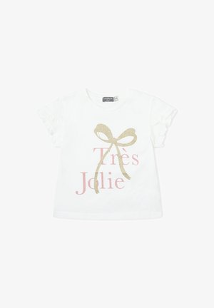 Camiseta blanca de manga corta para niño pequeño con mangas con volantes, un gráfico de un lazo dorado con brillo y texto rosa que dice "Très Jolie" en el frente.
