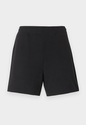 Mustad vabaaja lühikesed püksid elastse vöökohaga, sirge säärega lõige, nähtavate taskute või kaunistusteta, tasapinnal valgel taustal.