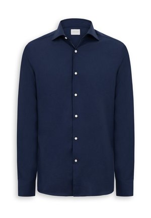 Herren langärmeliges Hemd in Marineblau mit klassischem Kragen und weißen Knöpfen vorne.