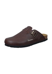 Zoccolo in pelle marrone con finitura liscia, cinturino regolabile con fibbia, soletta in sughero e suola in gomma nera; design semplice e funzionale.