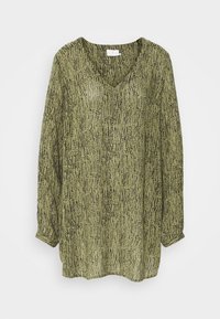 Lichte, doorzichtige groene blouse met een zwart abstract patroon, V-hals, lange mouwen met opgerolde manchetten en een ontspannen pasvorm.