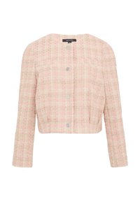 Lichtroze tweedjack met een cropped ontwerp, lange mouwen en zilveren knopen. De textuur van de stof heeft een geruit patroon.