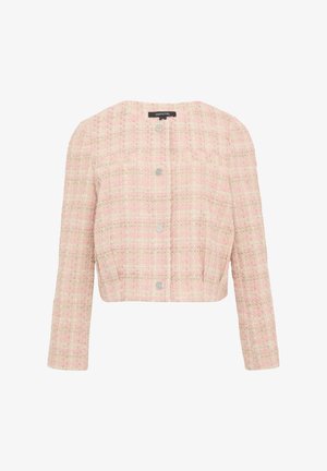 Lichtroze tweedjack met een cropped ontwerp, lange mouwen en zilveren knopen. De textuur van de stof heeft een geruit patroon.