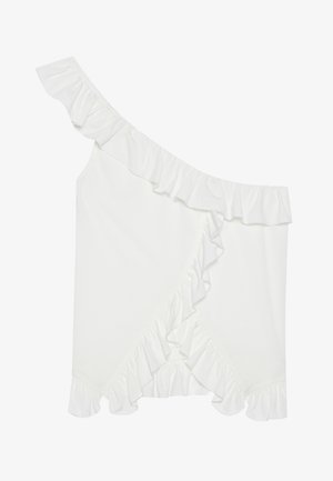 Biała bluzka z dekoltem off-shoulder, z falbanami wzdłuż dekoltu i dołu, wykonana z gładkiego, lekkiego materiału.