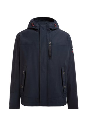 Marineblaues Jacket mit Kapuze, ausgestattet mit einem Frontreißverschluss, zwei seitlichen Taschen und roten Akzenten. Hergestellt aus einem glatten, strapazierfähigen Stoff.