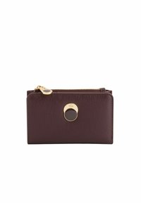 Burgundy leather wallet with a gold zipper and hardware. Features a round accent on the front and a textured surface. Compact design.