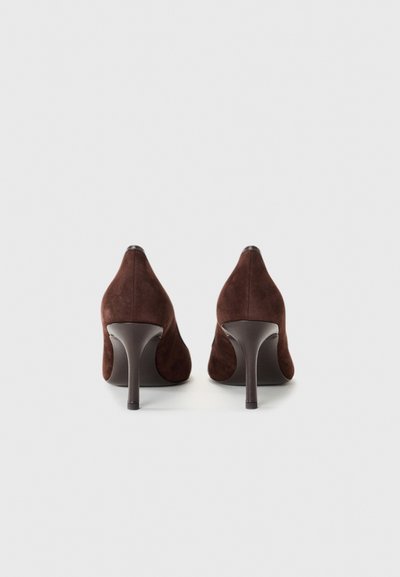 Brown suede high-heeled shoes with a pointed toe and a slender stiletto heel, featuring a smooth, matte texture and clean lines.