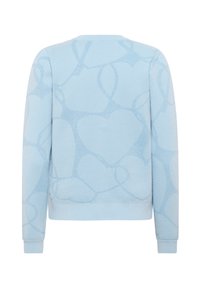 Heller blauer Pullover mit einem Muster aus ineinander verschlungenen Herzen. Aus weichem Material mit gerippten Bündchen und Saum, was eine lässige Passform bietet.