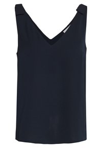 Námořnicky modrý bezrukávový top s výstřihem do V a zdobením na ramenou, vyrobený z hladké látky a se střihem s rovným okrajem.