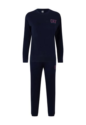 Conjunto de sudadera azul marino de manga larga y pantalones jogger a juego con el logo "CR7" en burdeos en el pecho y el muslo.